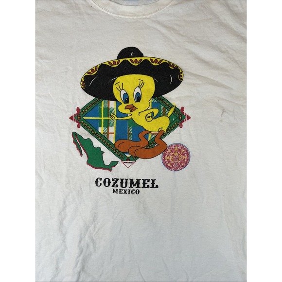 Vintage Looney Tunes Men's T-shirt Size L White Tweety Mexico Ixtapa Reynosa - Picture 2 of 14